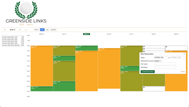Example of a SuperSaaS schedule on a computer for golf courses & lessons