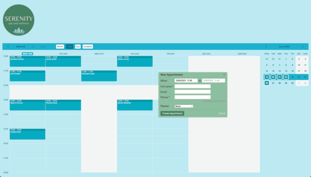 Example of a SuperSaaS schedule on a computer for massage therapy services
