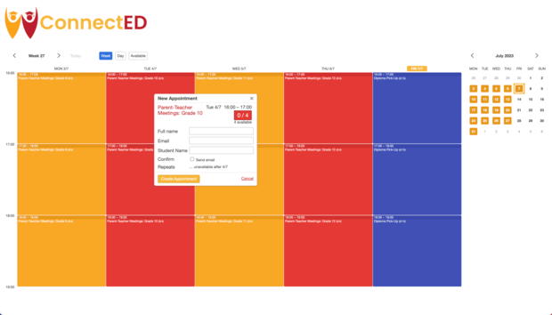 Example of a SuperSaaS schedule on a computer for schools & universities
